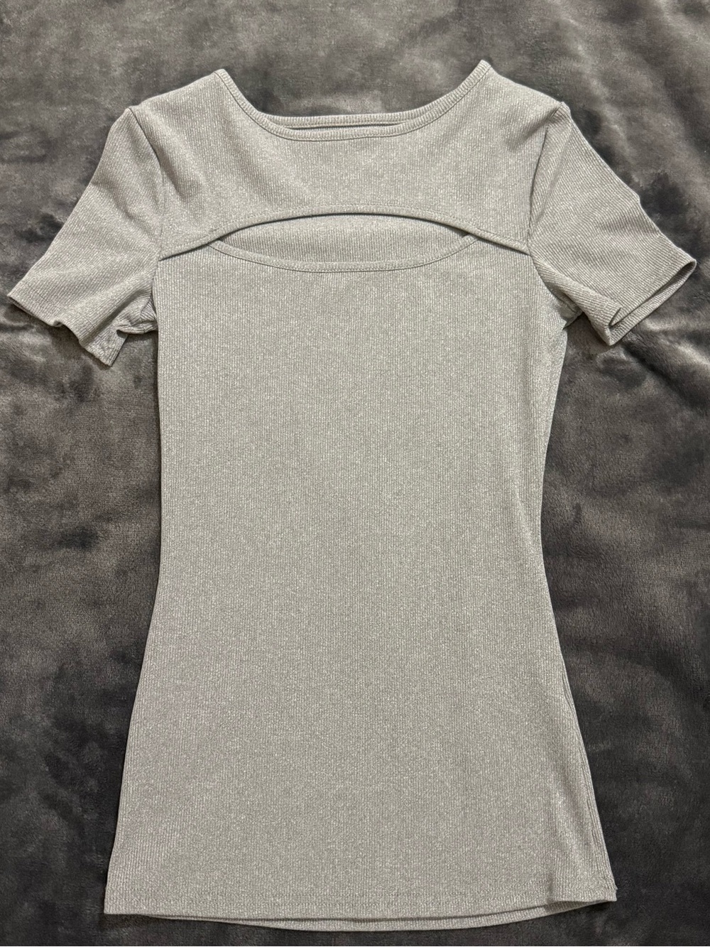Gray Short Sleeve Knit Top with Cutout Detail